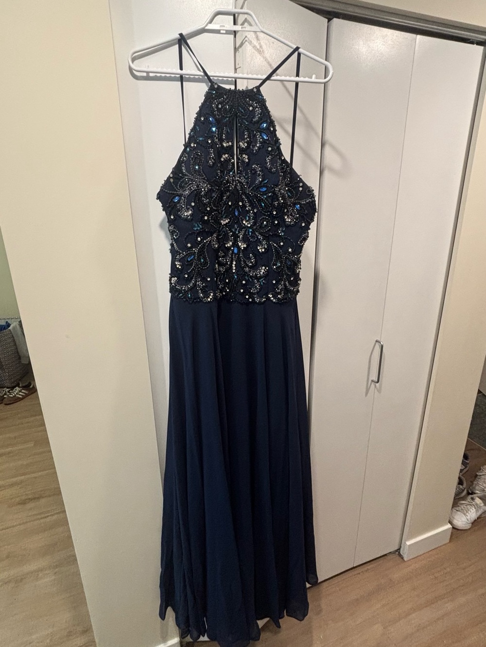 Jovani Navy Beaded Halter Prom Gown